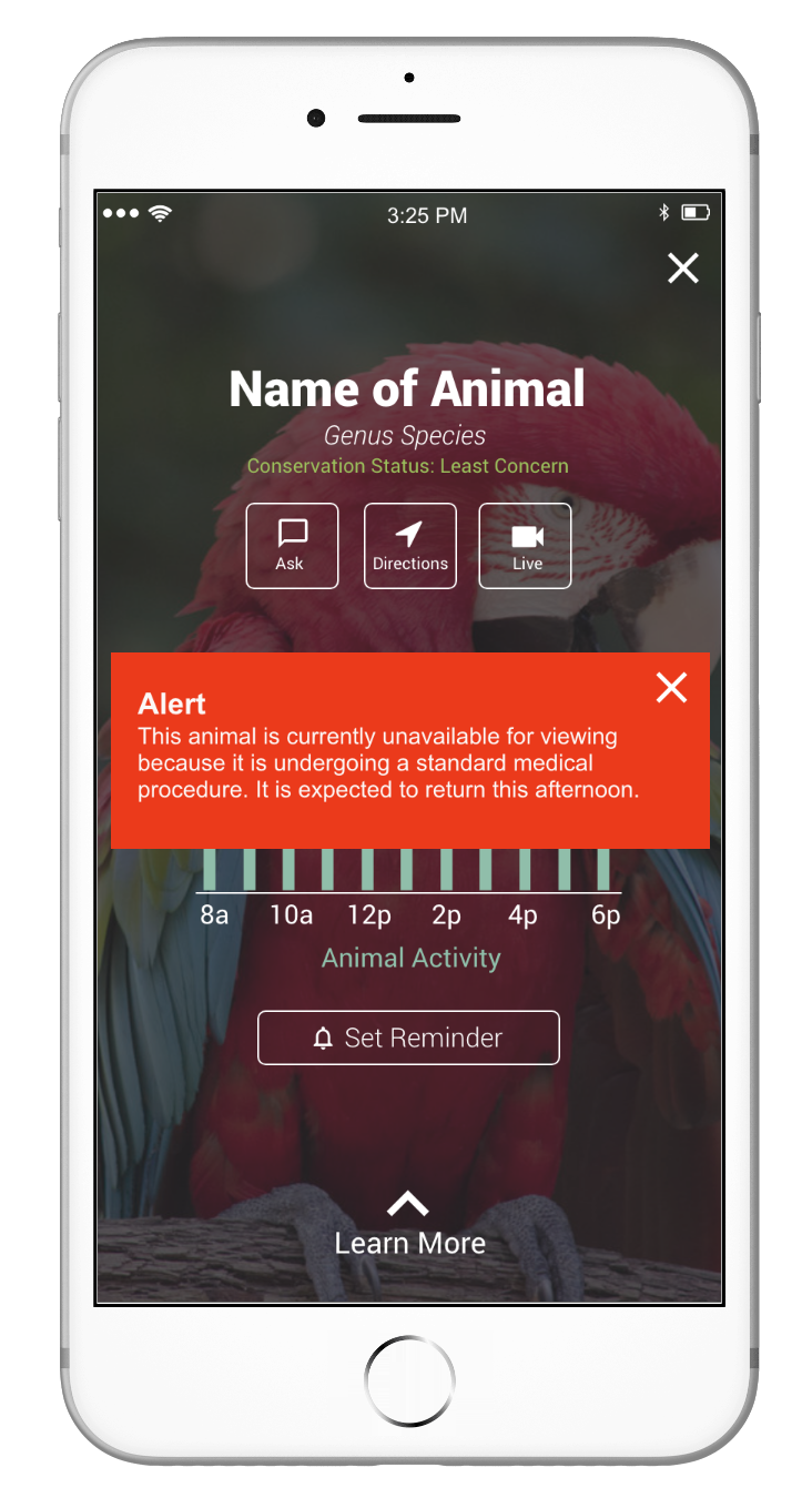 Animal Information Screen with Anima Off Exhibit Alert