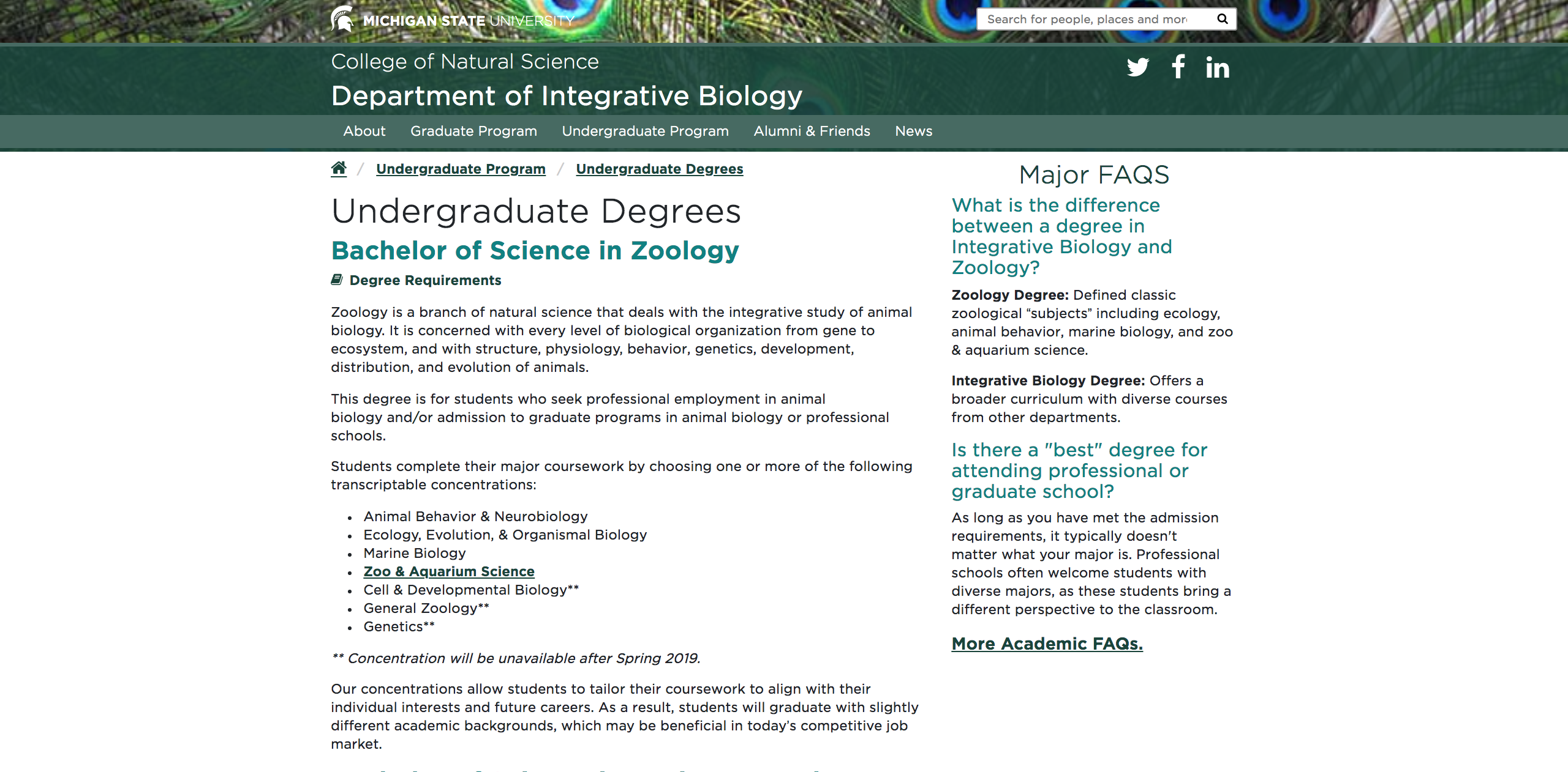 Screen shot of the IBIO website's Undergraduate Degrees webpage