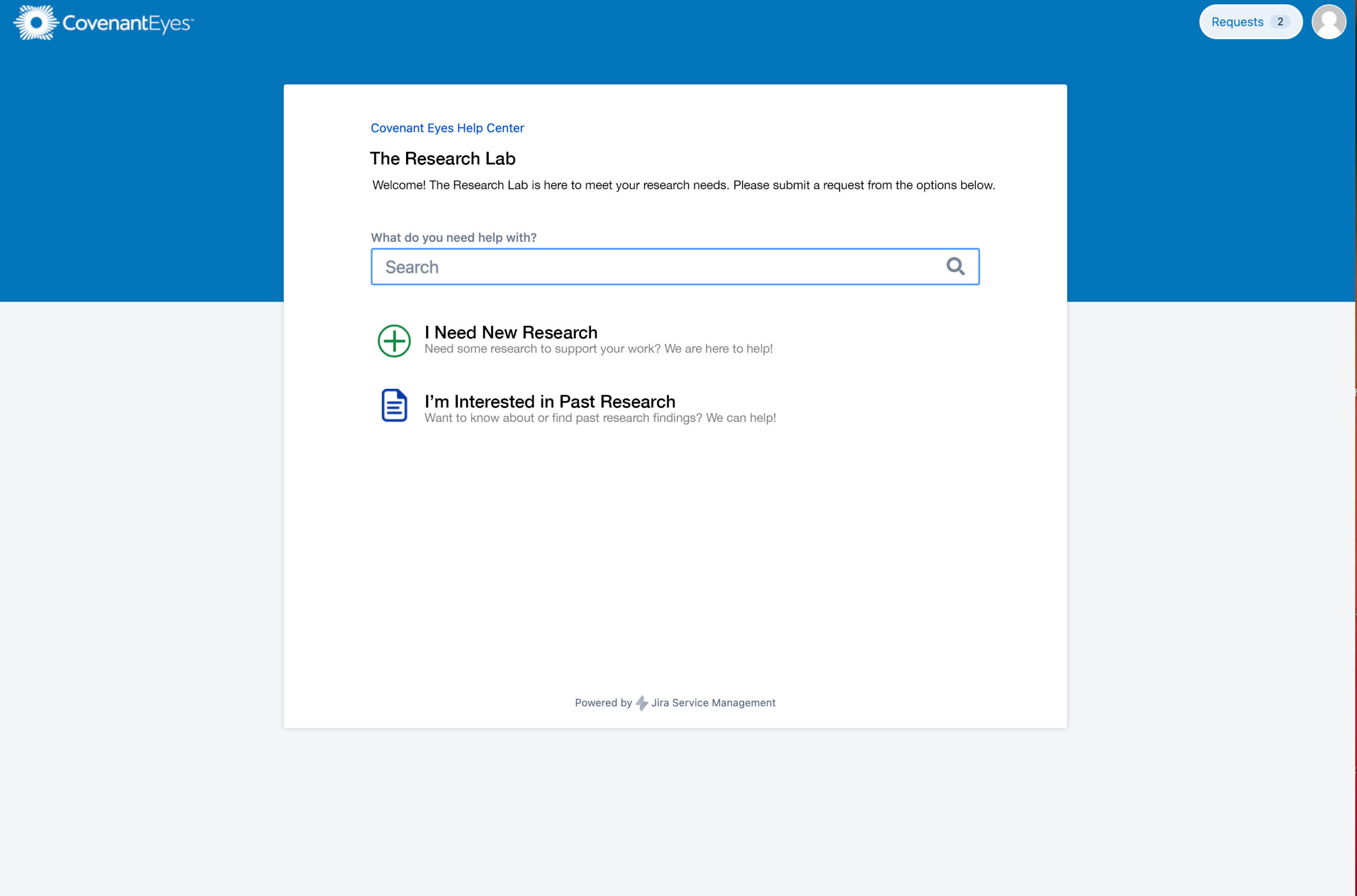 Screenshot of the Research Lab JIRA Help Desk Home Screen